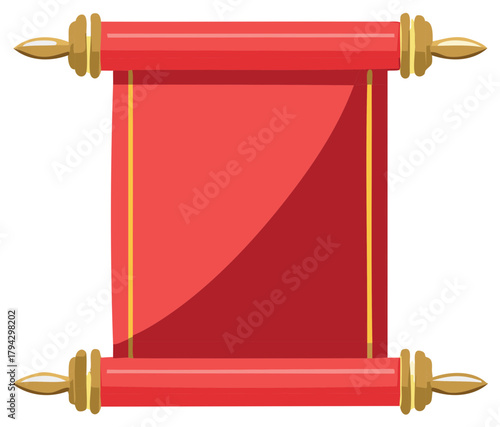 Traditional red scroll with ornate golden finials and a blank space for text