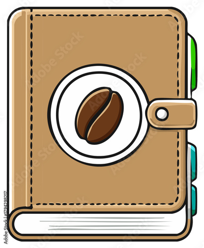 Brown notebook with coffee bean emblem and tabs