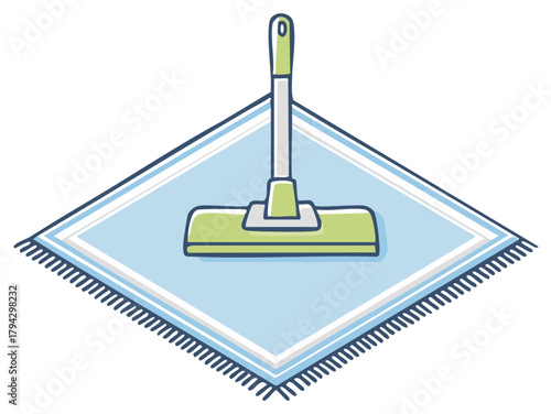 Green floor cleaning mop head over blue fringed rug, stylized housework illustration
