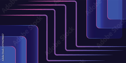 Dark abstract background with glowing purple neon lines and layered translucent blue shapes.