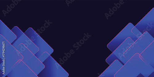 Abstract background with symmetrical layered blue geometric shapes and glowing pink edges on a dark canvas.