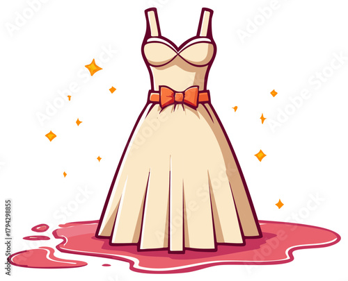 Cartoon dress with bow, stars, and a pool of liquid