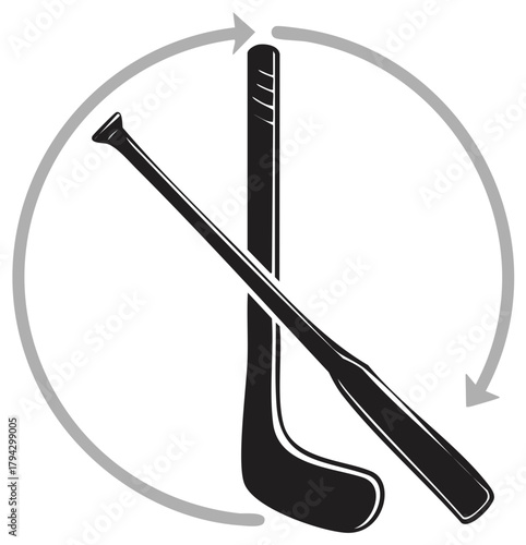 Hockey Sticks Rotation with Arrows Demonstrating Circular Motion Black and White Graphic