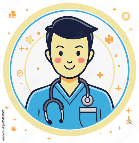 Illustration of cartoon doctor with stethoscope surrounded by medical icons in circle border.