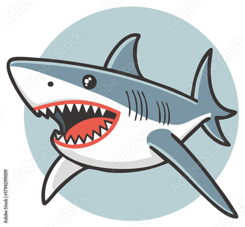Cartoon great white shark mascot swimming with an open mouth and sharp teeth