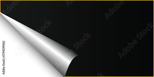 Black rectangular sheet with a curled bottom-left corner revealing a white surface and a shiny silver underside.
