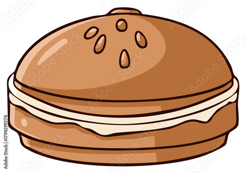 Cartoon style cake with cream filling and sesame seeds vector illustration