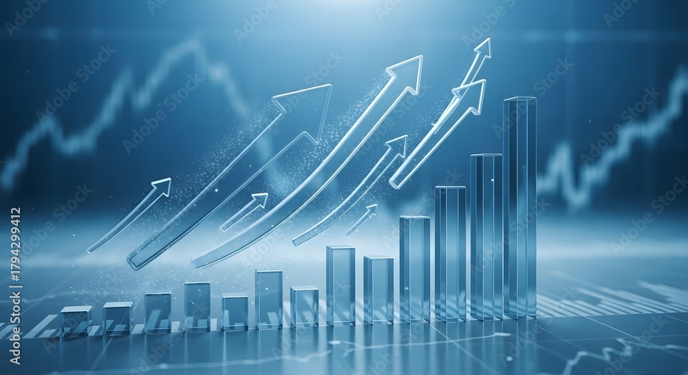 Naklejka premium Blue background with rising arrows and bar graph showing financial growth concept image design