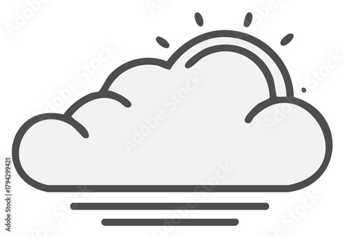 Graphic cloud with sun shining behind with wind gusts in minimal outline style. Weather icon is modern, isolated symbol for apps and designs.