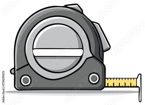 Cartoon Illustration of a Grey Metal Tape Measure, Measuring Tool Equipment for Carpentry, Home Renovation