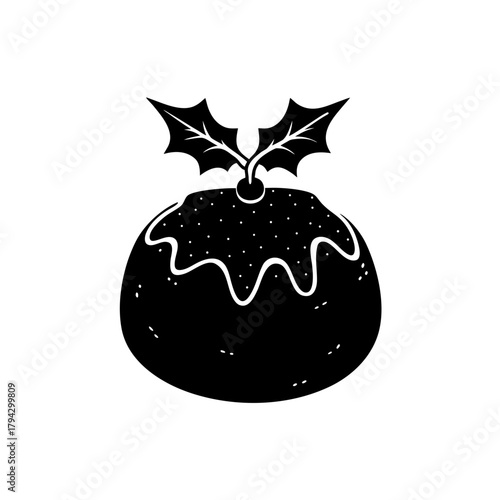 Stylized christmas pudding with holly leaves and berries icon