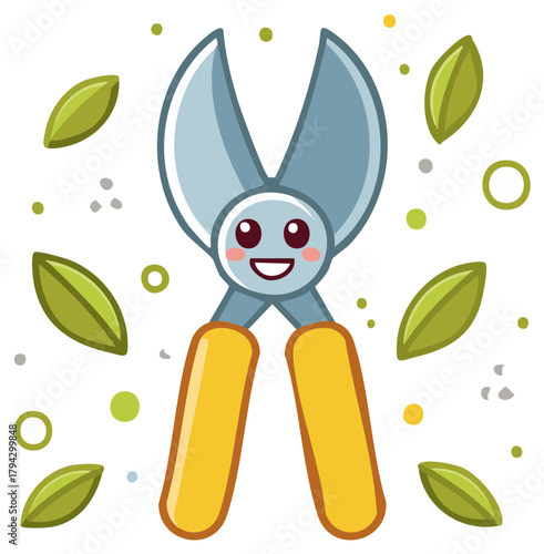 Smiling cartoon garden pruner with happy face surrounded by green leaves and dots