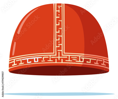 Vibrant Red Traditional Hat with Geometric Pattern Culture Fashion Headwear Costume Accessory Icon Traditional Headdress Ethnic Symbol