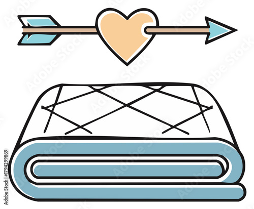 Arrow piercing a heart above a folded blanket, vector illustration.