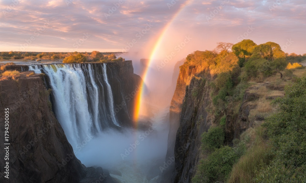 Fototapeta premium Majestic waterfall with vibrant rainbow at sunrise