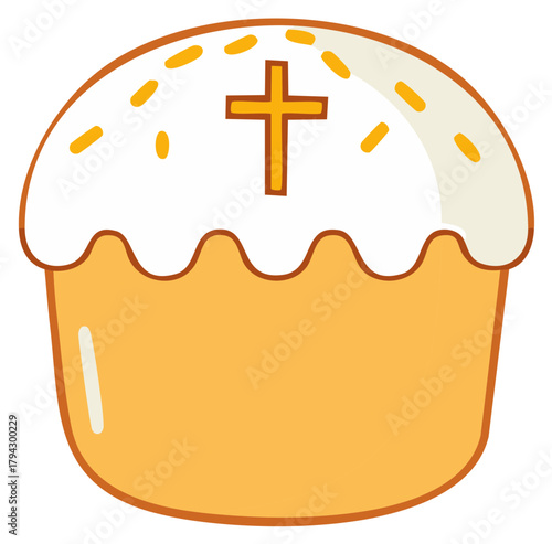 Traditional Easter cake with a Christian cross and sprinkles cartoon illustration