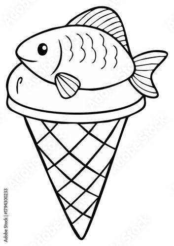 Whimsical Fish Ice Cream Cone Outline Illustration Silly Creature Design