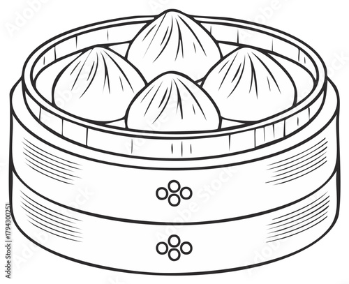 Outline illustration of traditional Asian steamed dumplings in a bamboo steamer