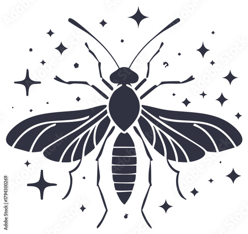 Magical wasp silhouette with celestial stars and sparkles in a minimalist style