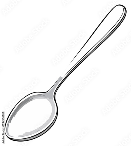 Illustration of a shiny metal spoon. Cooking utensil for eating or serving food. Close up on white.