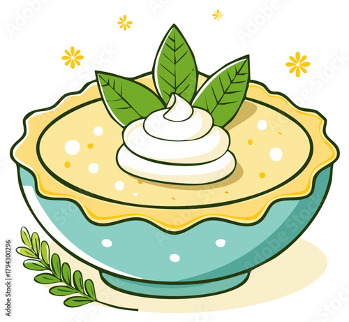 Cartoon custard dessert in turquoise bowl with whipped cream and leaf garnish vector illustration. Food presentation graphic.