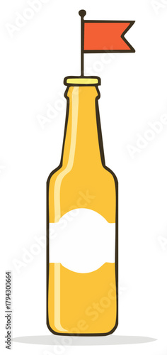 Bottle with Label and Red Flag on Top, Beer, Alcohol, Beverage, Party