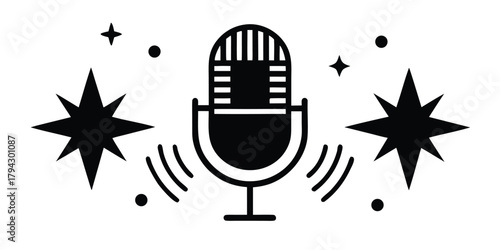Retro microphone with sound waves and stars on a clean background, ideal for audio content