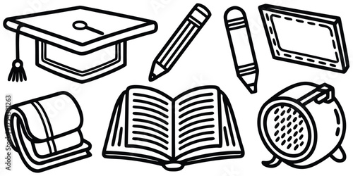 Education and media line art: graduation cap, open book, pencils, papers, frame, spotlight