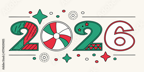 New year 2026 festive vector illustration with decorative numbers, stars and candy wheel