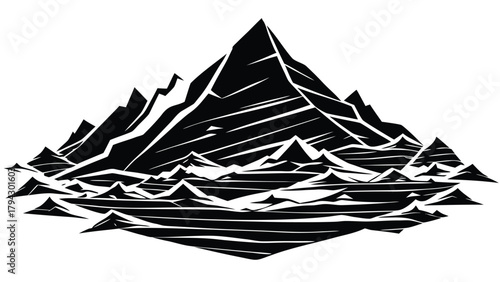 Stylized black and white mountain range vector illustration with water reflection effect
