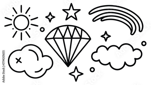 Whimsical sun, clouds, stars, diamond, and rainbow vector outline illustration doodle set