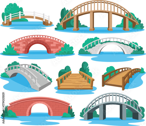 Cartoon pedestrian bridge collection, architectural styles, water crossing, scenic design, structural diversity, landscape illustration, walkway elements, decorative bridge set