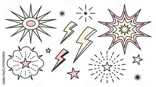 Abstract vector set of hand-drawn burst, lightning, and star shapes on white background.