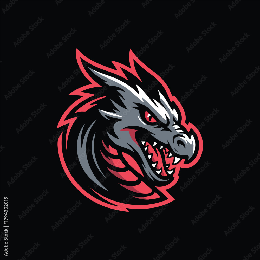 custom made wallpaper toronto digitalAggressive Dragon Head Mascot or Esport Logo, Furious Dragon with Red Eyes on Black Background, Vector Illustration of a Grey and Red Mythical Monster