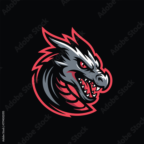 Wallpaper Mural Aggressive Dragon Head Mascot or Esport Logo, Furious Dragon with Red Eyes on Black Background, Vector Illustration of a Grey and Red Mythical Monster Torontodigital.ca