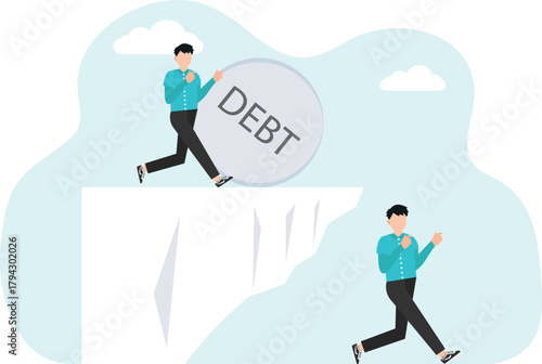 Financial freedom. Businessman pushes debt down the mountain
