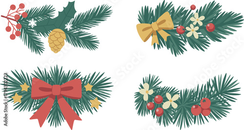 Festive holiday greenery, Christmas decorations, pine branches, red berries, floral accents, seasonal arrangement, winter ornament set, traditional celebration design