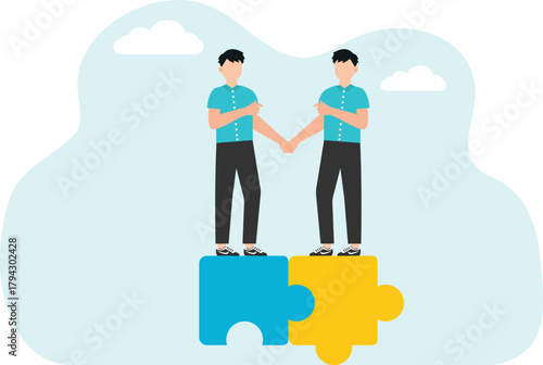 Business people working together to put together a jigsaw puzzle
