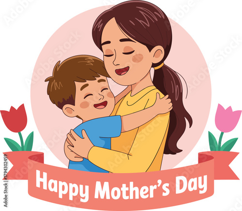 Mother's Day illustration, happy mom and child hugging, tulip flowers, love, family, celebration, cartoon style, warm colors, cheerful design