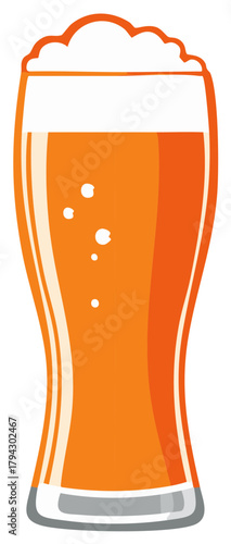 Simple vector graphic of a tall pilsner glass of cold beer with a white foamy head