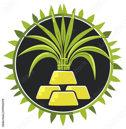 Green Plant Grows from Golden Ingots Stacked Inside Circular Emblem with Leafy Border