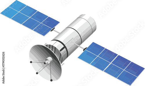 Satellite in space with solar panels, communication dish, orbiting Earth, advanced technology, aerospace equipment, scientific observation, navigation system, outer space