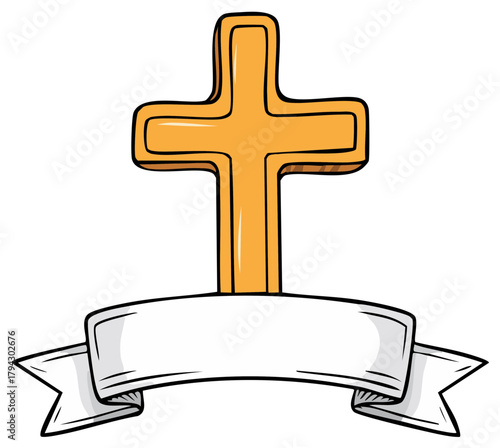 Golden Cross with Blank Ribbon Banner Illustration for Religious Themes and Celebrations