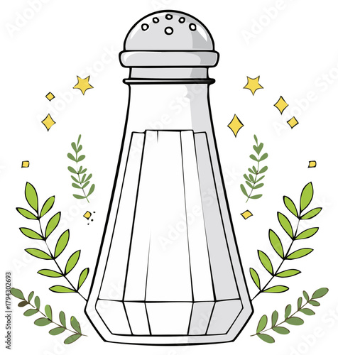 Stylized illustration of a glass salt shaker adorned with green leaves and sparkling stars