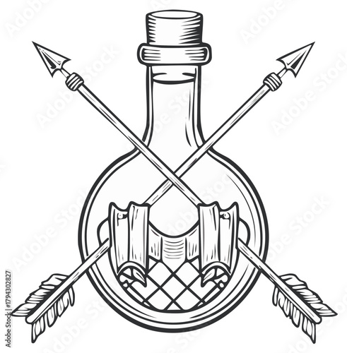 Alchemy Potion Bottle with Crossed Arrows and Vintage Emblem Design
