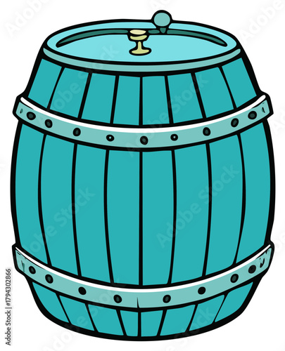 Cartoon teal wooden barrel with metal bands and a bung hole illustration