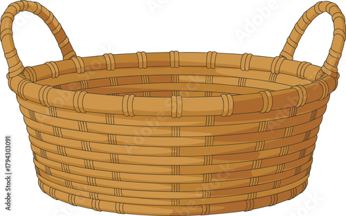 Woven basket illustration, traditional container, rustic design, cylindrical shape, natural texture, home storage, market utility, empty interior, handle detail