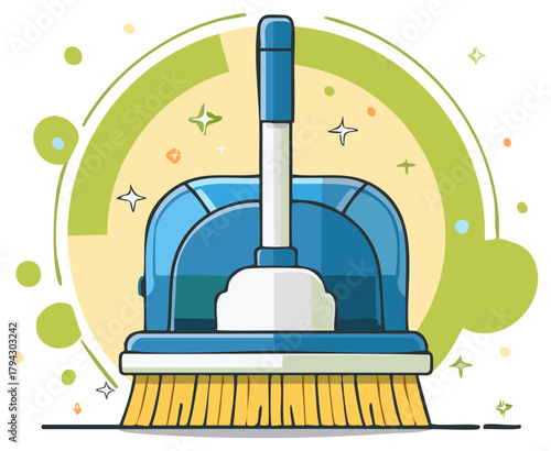 Cartoon illustration of cleaning brush and dustpan with whimsical details