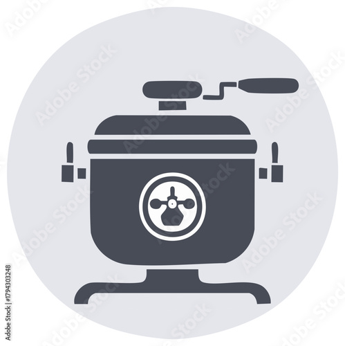 Vintage Butter Churn Illustration, Dairy Farm Implement, Manual Operation, Food Processing, Dark Blue Color, Vector Graphic on Round Background