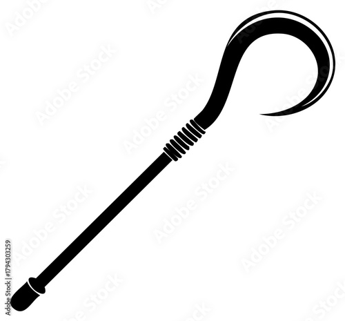 Crook staff silhouette in black with spiral details near the hook and a rounded base, isolated on white